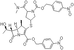 CAS # 96036-02-1, Protected meropenem, 4-Nitrobenzyl (5S,6S)-3-[((3S,5S)-5-[(dimethylamino)carbonyl]-1-{[(4-nitrobenzyl)oxy]carbonyl}pyrrolidinyl)sulfanyl]-6-[(1R)-1-hydroxyethyl]-4-methyl-7-oxo-1-azabicyclo[3.2.0]hept-2-ene-2-carboxylate