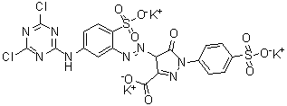 CAS 登录号：97404-00-7, 4-[[5-[(4,6-二氯-1,3,5-三嗪-2-基)氨基]-2-磺基苯基]偶氮]-4,5-二氢-5-氧代-1-(4-磺基苯基)-1H-吡唑-3-羧酸三钾盐