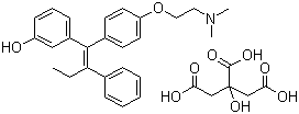 CAS 登录号：97752-20-0, 枸橼酸屈洛昔芬, (E)-1-(4'-(2-二甲基氨基乙氧基)苯基)-1-(3-羟基苯基)-2-苯基丁-1-烯柠檬酸盐
