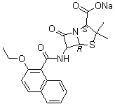 CAS # 985-16-0, Sodium nafcillin, 6-(2-Ethoxy-1-naphthamido)-3,3-dimethyl-7-oxo-4-thia-1-azabicyclo[3.2.0]heptane-2-carboxylic acid sodium salt, 6-(2-Ethoxy-1-naphthamido)penicillin sodium salt, BRL 1383, Nafcil, Nafcillin sodium, Nafcillin sodium salt, Naftopen, Naphthicillin, Sodium 6-(2-ethoxy-1-naphthamido)-3,3-dimethyl-7-oxo-4-thia-1-azabicyclo[3.2.0]heptane-2-carboxylate, Sodium 6-(2-ethoxy-1-naphthamido)penicillanate, Sodium nafcillin, Unipen, Wy 3277