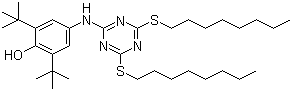 CAS # 991-84-4, 2,4-Bis(octylthio)-6-(4-hydroxy-3,5-di-tert-butylanilino)-1,3,5-triazine, 2,6-Di-tert-butyl-4-(4,6-bis(octylthio)-1,3,5-triazin-2-ylamino)phenol